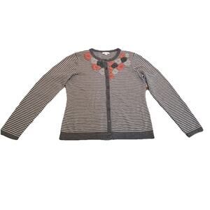 Garnet Hill 100% Wool Cardigan Sweater Size Large Gray Stripe Embellished Flower